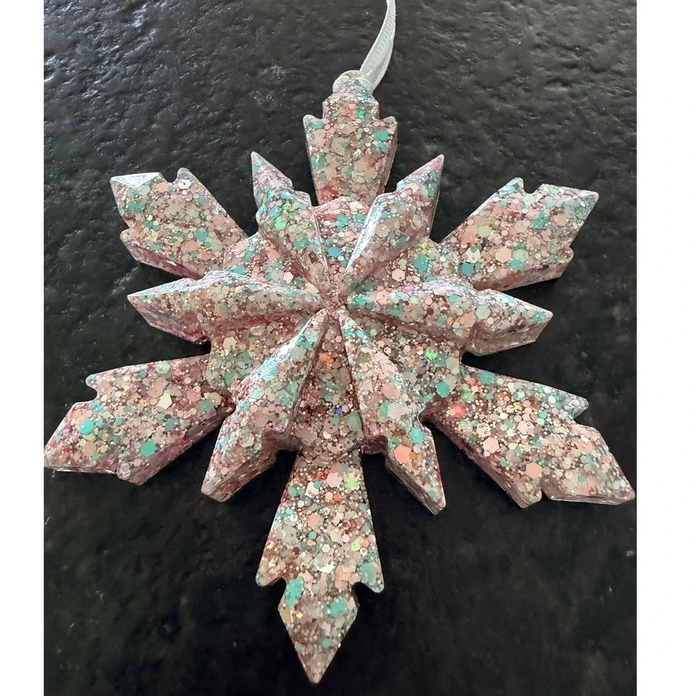 Handmade Pink Teal Glitter‎ Resin Snowflake Ornament 3D Winter Holiday Decor 4in